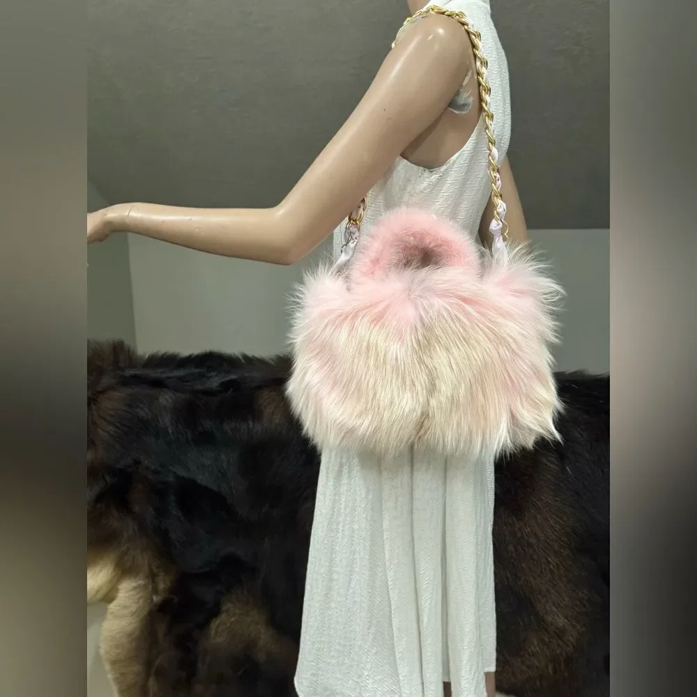 Handmade Real Fox Fur with Mink Fur Handle Satchel Bag, Includes 2 Strap Styles